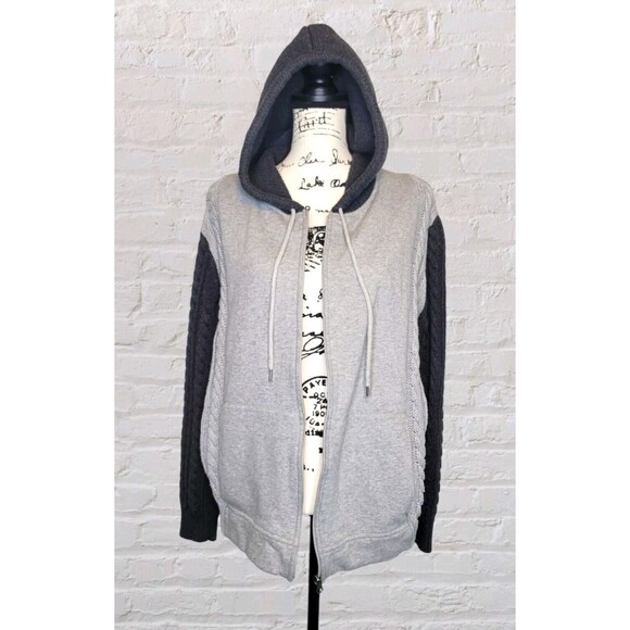 Serengeti Hooded Full Zip Jacket Cardigan Jacket Women LG Mixed Media Cable Knit - Picture 1 of 9